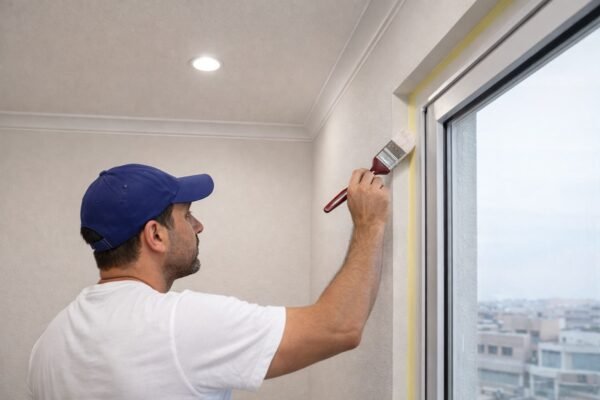 صباغ ينجز تشطيب الحواف والزوايا بدقة