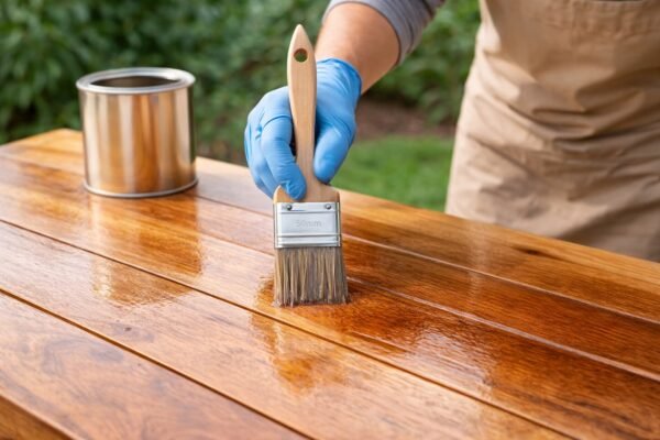 شخص يطبق طبقة من الورنيش على سطح خشبي