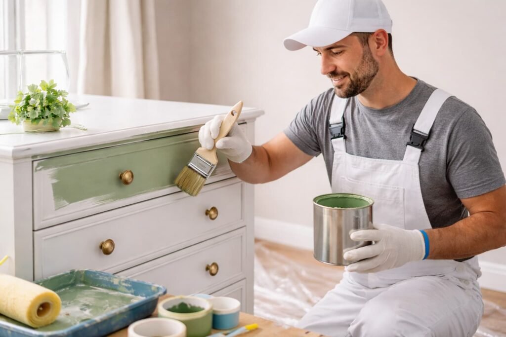 كيفية طلاء الأثاث فني صباغ يطلي أثاثًا داخل غرفة