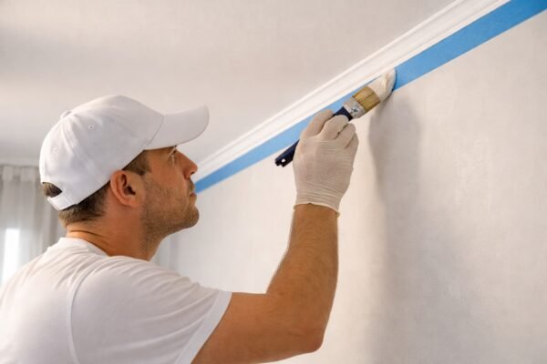 صباغ يدهّن حافة السقف بخط مستقيم
