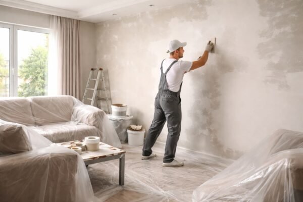 صباغ محترف يجهز جدار غرفة معيشة في جنوب السرة