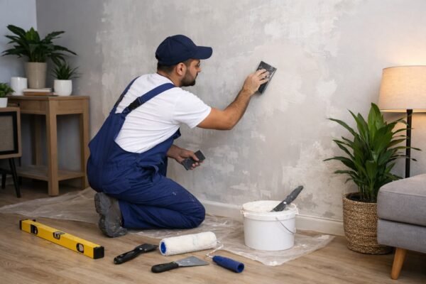 فني يجهّز جدارًا قبل تركيب ورق جدران بالكويت