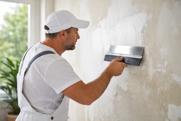 صباغ محترف يسوي جدار داخلي في منزل بخيران قبل الدهان
