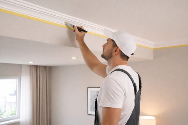 صباغ يرسم حافة السقف بدقة باستخدام فرشاة وشريط تحديد