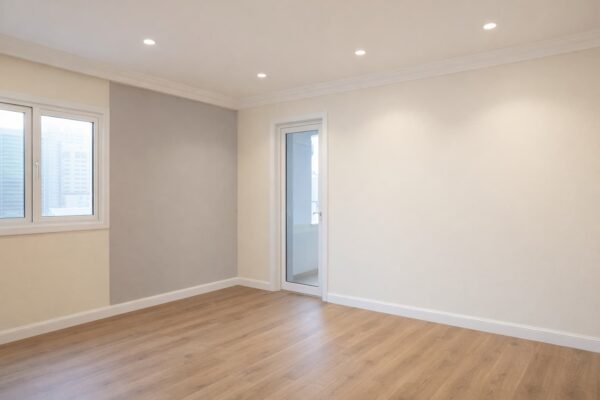 مختصر: صالة مطلية بأوف وايت مع جدار أكسنت رمادي في الشرق الكويت