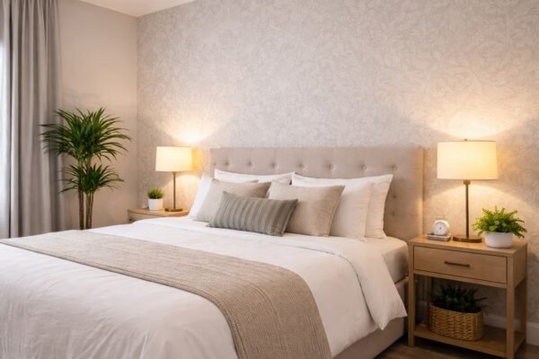 جدار خلف السرير بورق جدران فاخر داخل غرفة نوم بالكويت