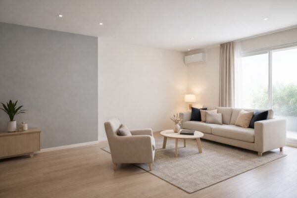 مختصر: صالة حديثة بدهانات هادئة وتشطيب ناعم