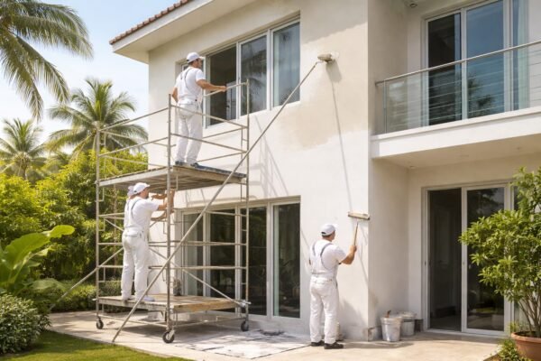 فريق صباغة يدهّن واجهة منزل في خيران