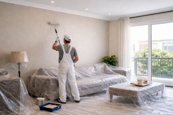 صباغ يدهّن جدار مطفي بلون محايد في غرفة معيشة بتيماء بالكويت