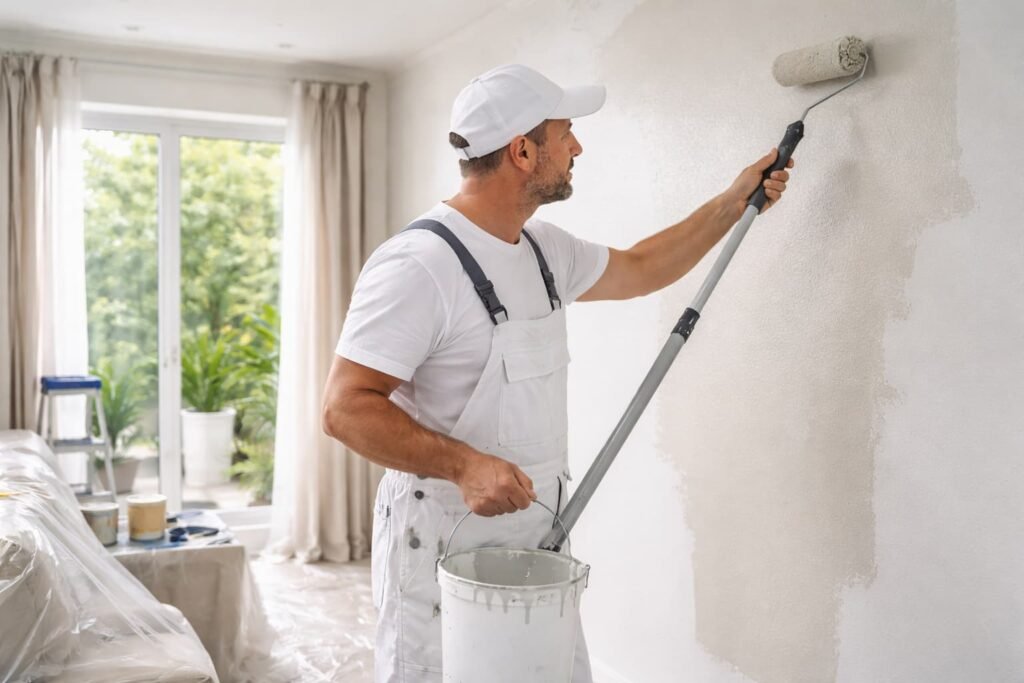 صباغ خيران يعمل داخل غرفة ويطلي الجدار برولة طويلة