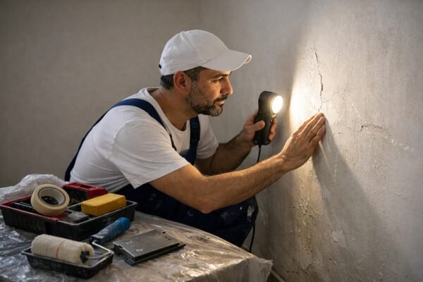 مختصر: صباغ محترف يفحص الجدار بإضاءة جانبية قبل الدهان