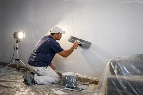 صباغ في الخالدية يسوي الجدار بالمعجون