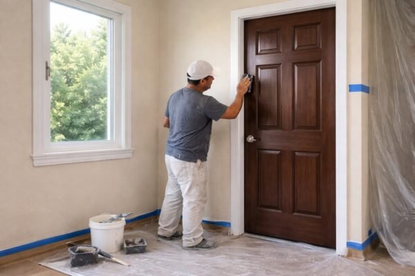 دهان باب خشبي وتشطيب إطار نافذة بالقادسية