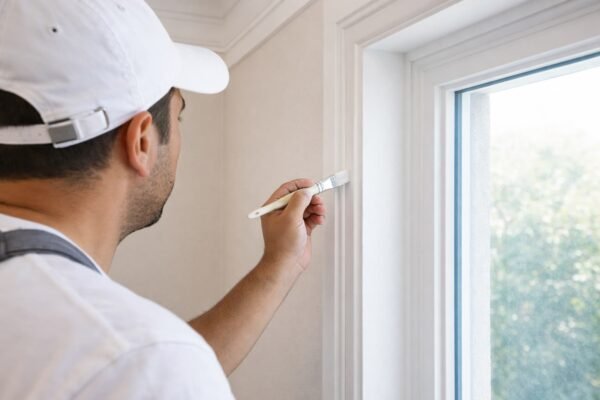 مختصر: فني صباغ يعمل رتوش دقيقة حول إطار شباك بفرشاة صغيرة