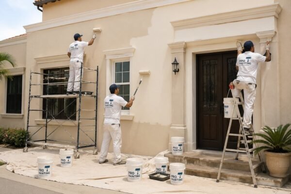 فريق صباغ يعمل على طلاء واجهة منزل قديم