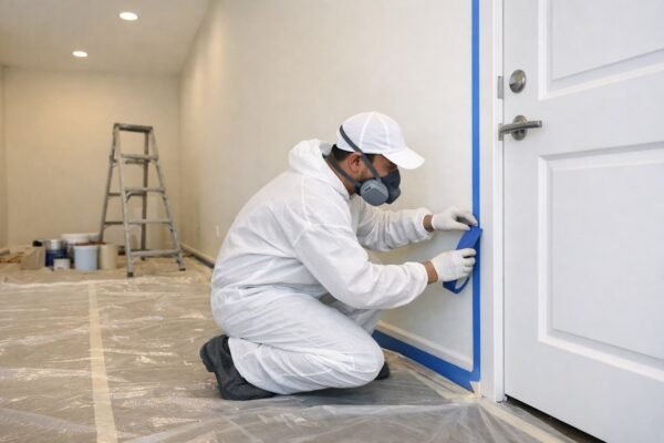 صباغ يجهّز حواف باب داخل شقة بالمرقاب