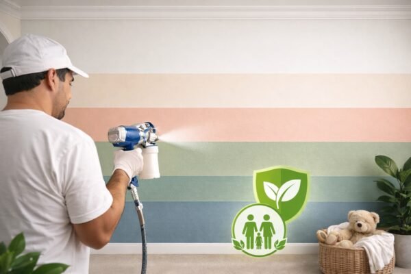 صباغ يرش دهانًا صديقًا للبيئة على جدار داخلي مع اهتمام بصحة الأسرة