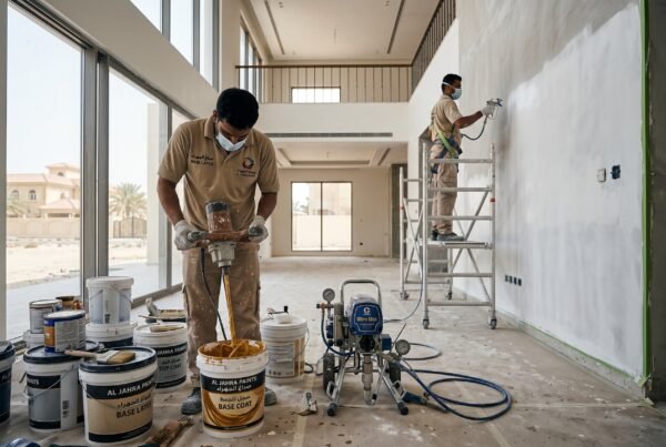 صباغ الجهراء يستخدم معدات خلط متطورة لتجهيز أصباغ الأساس لفيلا حديثة في الكويت