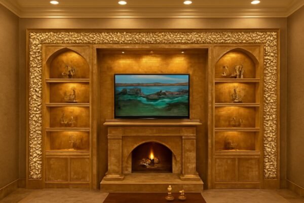 جار رخام فاخر مع رفوف مدمجة وأضواء موجهة في غرفة معيشة أنيقة