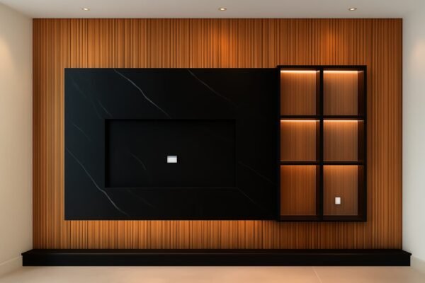 جار رخام فاخر يجمع بين الرخام الأسود والخشب مع رفوف مضيئة