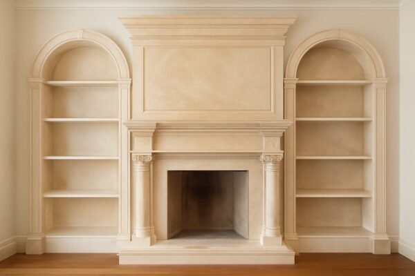 وجار رخام فاخر على الحائط مع رفوف خشبية على الجانبين