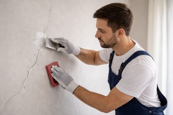 فني يعالج شقوق الجدار بالمعجون والصنفرة قبل الدهان