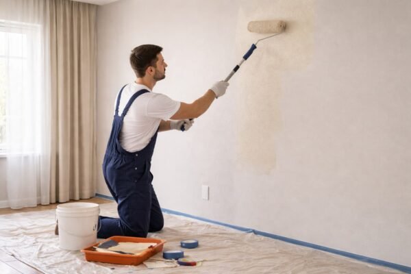 فني دهانات يطلي جدارًا بالرولة مع حماية الحواف بالشريط اللاصق