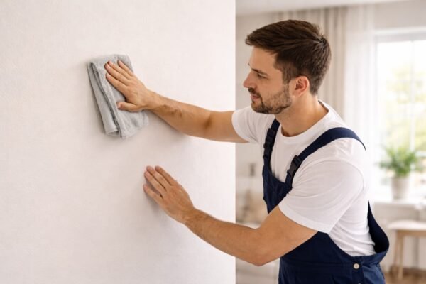 شخص ينظف جدارًا مطفيًا برفق بقطعة قماش ناعمة داخل غرفة مضيئة