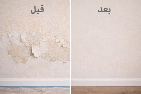 جدار قبل وبعد يوضح علاج التقشير وتحسين سطح الدهان