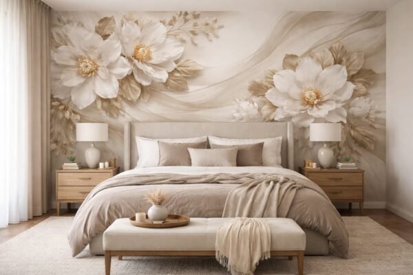 جدار مميز بورق جدران ثلاثي الأبعاد داخل غرفة نوم أنيقة