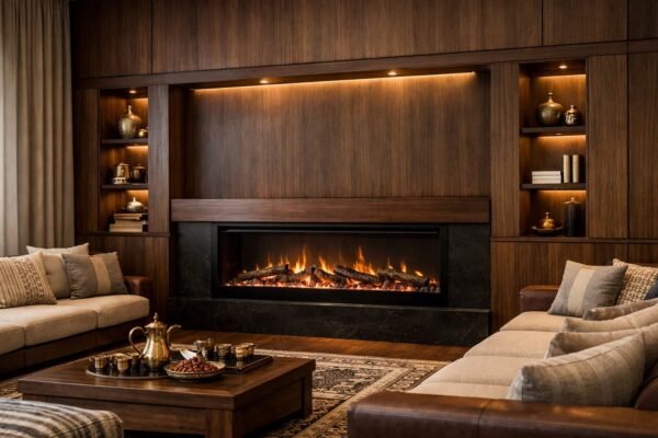 وجار مشب كهربائي داخل مجلس كويتي حديث بكسوة خشب داكن وإضاءة مخفية