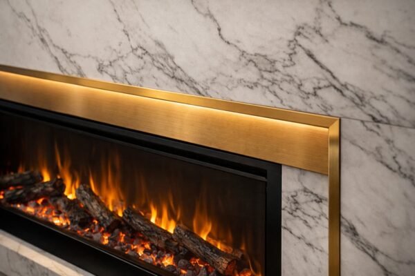 إطار مشب كهربائي ببديل رخام أبيض وفاصل ذهبي مع إضاءة مخفية