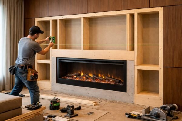 نجار يركّب هيكل وجار لمشب كهربائي داخل منزل حديث بالكويت باستخدام ميزان ليزر