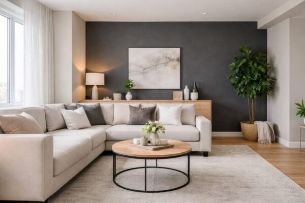 غرفة معيشة حديثة بألوان محايدة وجدار داكن