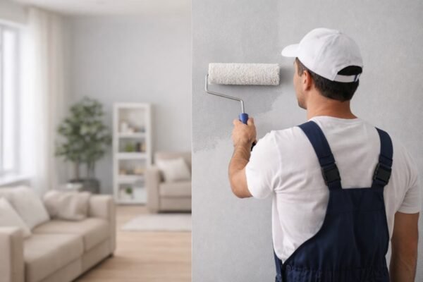 فني دهانات يطلي جدار داخلي بالرول